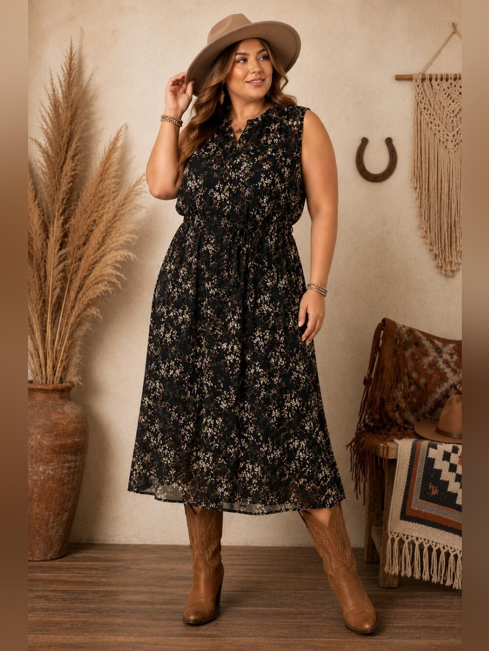 Merona XXL Black Floral Sleeveless Chiffon Shirt Dress Attached Slip Midi Cottag